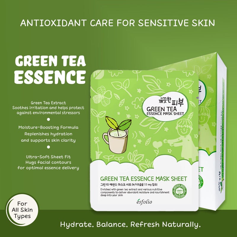 Esfolio Green Tea Essence Face Mask â€“ Hydrating, Soothing, Antioxidant-Rich Sheet Mask for All Skin Types â€“ Moisturizing, Revitalizing Face Treatment for Sensitive, and Blemish-Prone Skin (Pack of 10) - Image 5